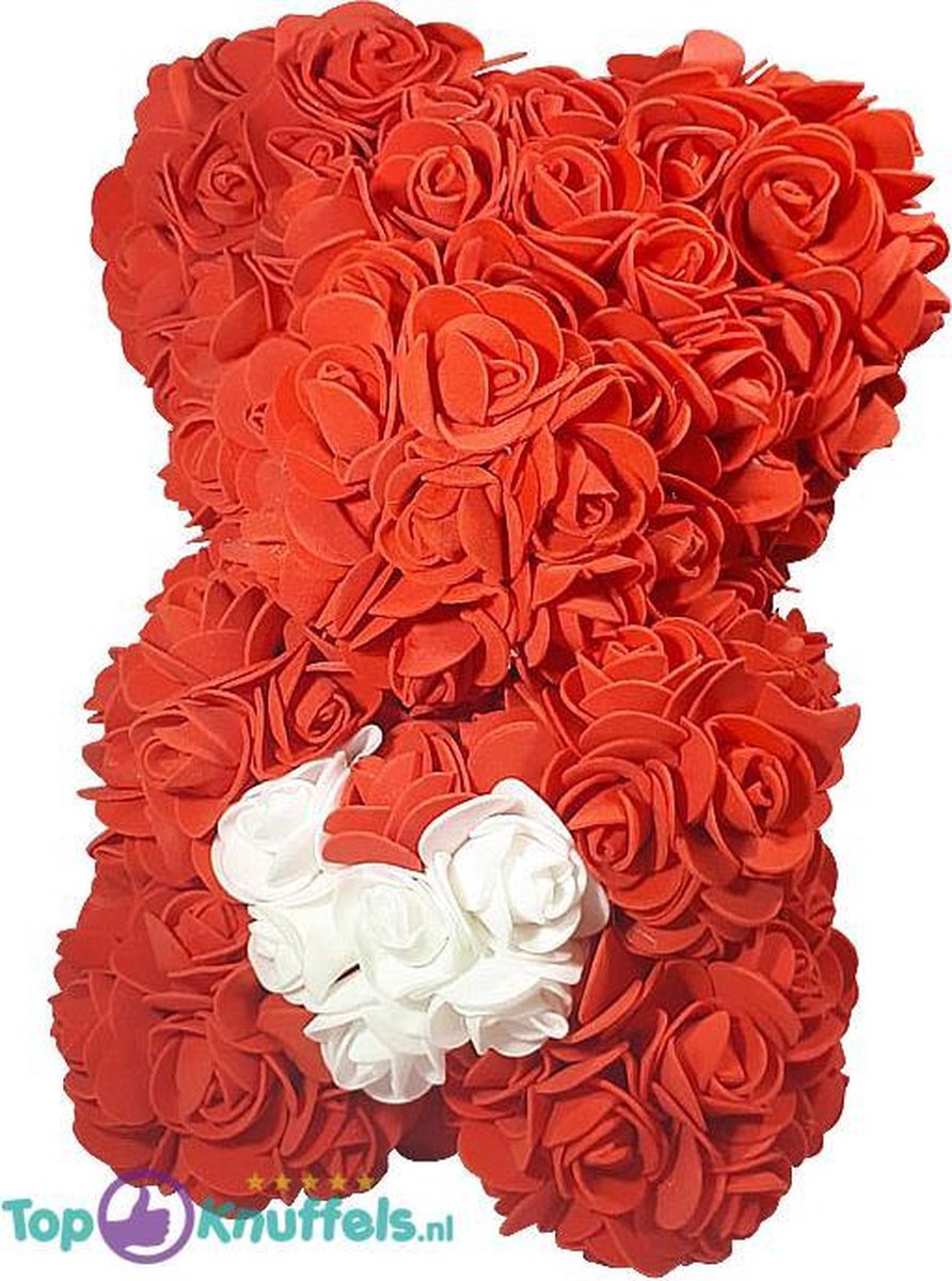 Rozenbeer Rood met wit hart 25 cm | Rozen liefdes Teddybeer voor jou geliefde! Rose Bear Knuffelbeer gemaakt van roosjes – I Love You beer met hartje – Sinterklaas Kerst Cadeau | Rozen bear Rood met wit hart 25cm